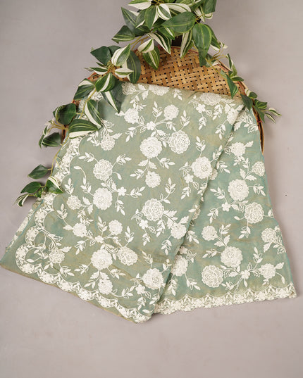Tissue Georgette all Over Chicken Kari Work with Scallop Border - Sea Green