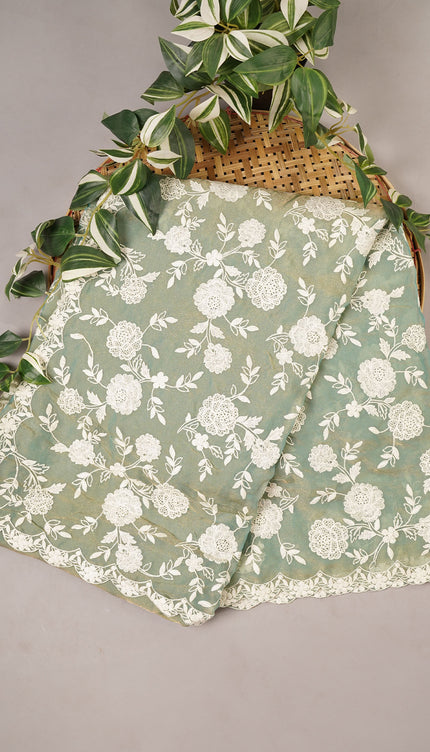 Tissue Georgette all Over Chicken Kari Work with Scallop Border - Sea Green