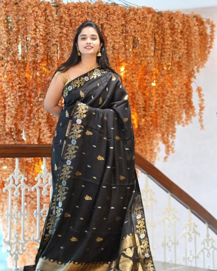 Manipuri kota  Gold and silver  Zari weaving Buttis  with Banaras Border -Black