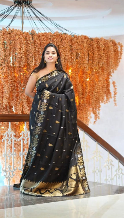 Manipuri kota  Gold and silver  Zari weaving Buttis  with Banaras Border -Black