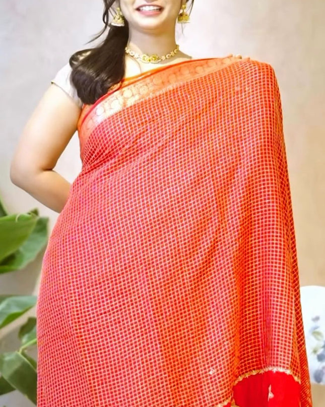 Koren Crepe Saree With All Over Checks Design and Flower Design Border - Red