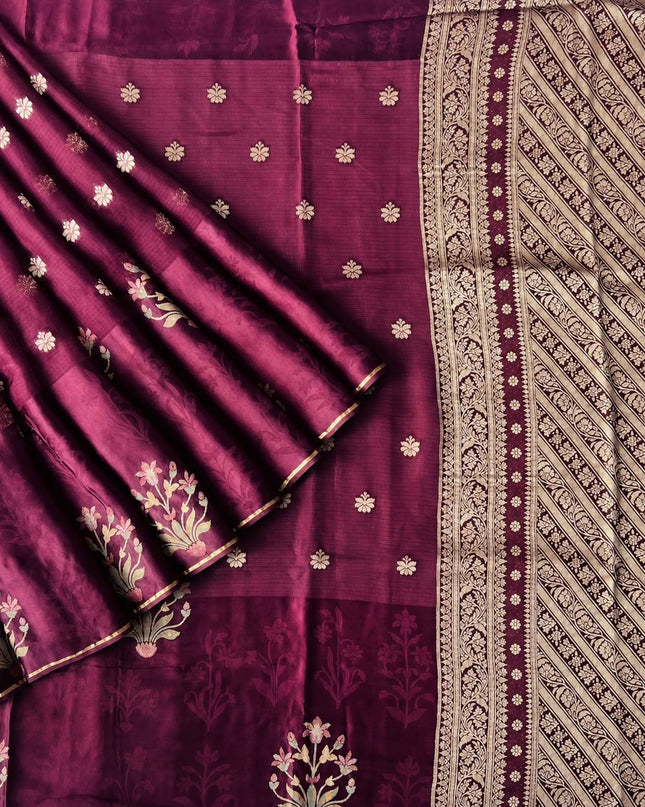 Manipuri kota  Gold and silver  Zari weaving Buttis  with Satin Border - Purple