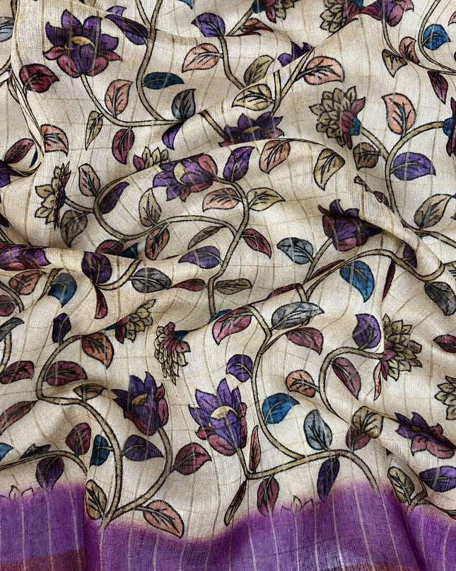 Tusser Silk Saree With All over Golden Checks Design and Kalamkari Pallu - Purple