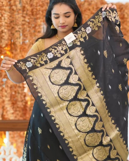 Manipuri kota  Gold and silver  Zari weaving Buttis  with Banaras Border -Black