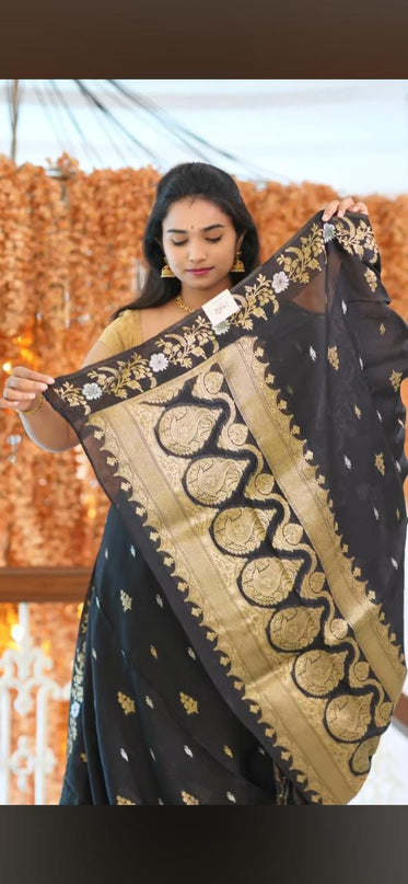 Manipuri kota  Gold and silver  Zari weaving Buttis  with Banaras Border -Black