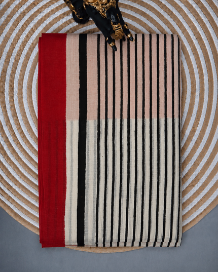 Pure Silk Saree Horizontal Stripes Design - Cream & Red