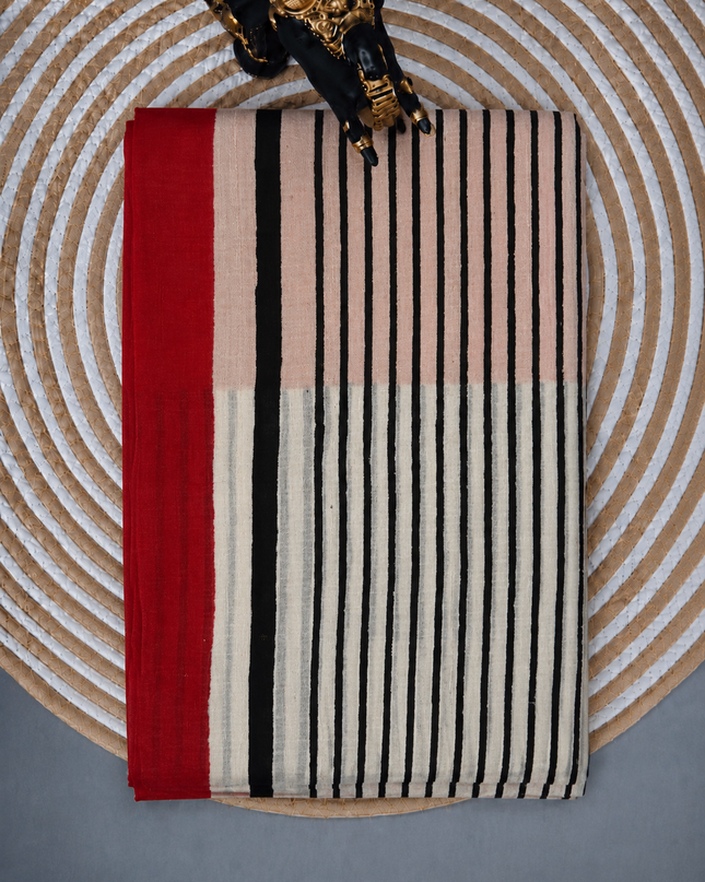 Pure Silk Saree Horizontal Stripes Design - Cream & Red