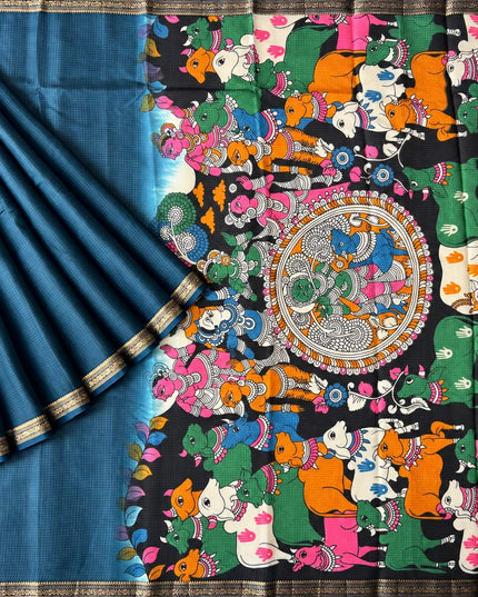 Pure Silk Kota Saree With pichwai Print and Small Kanchi Border - Peacock Blue