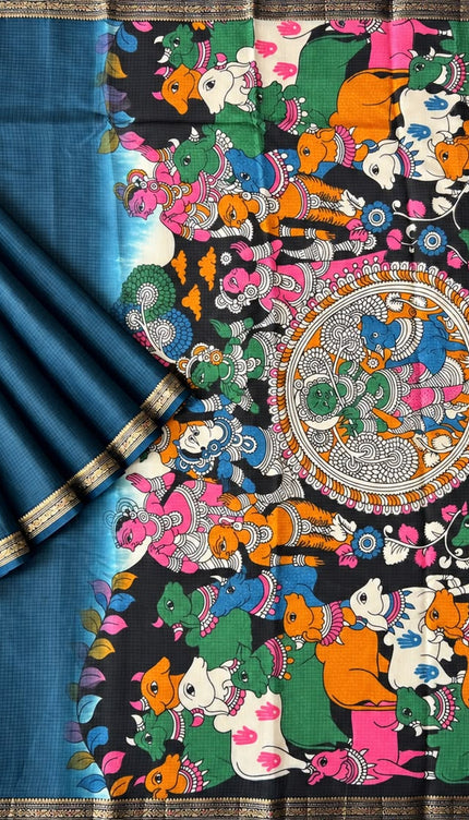 Pure Silk Kota Saree With pichwai Print and Small Kanchi Border - Peacock Blue
