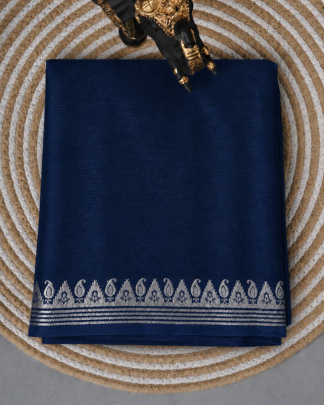 Crepe Saree with Golden Zari contrast Border - Navy Blue