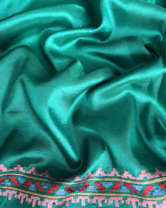 Dupion Saree with Thread Work Piping Border-  Green