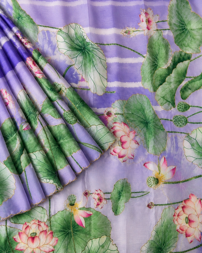Soft Crush Floral Print With Ari Work and Scallop Border - Violet