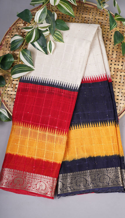 Chinon Silk Saree with Self Checks Dual Color & Zari Border - Multicolor