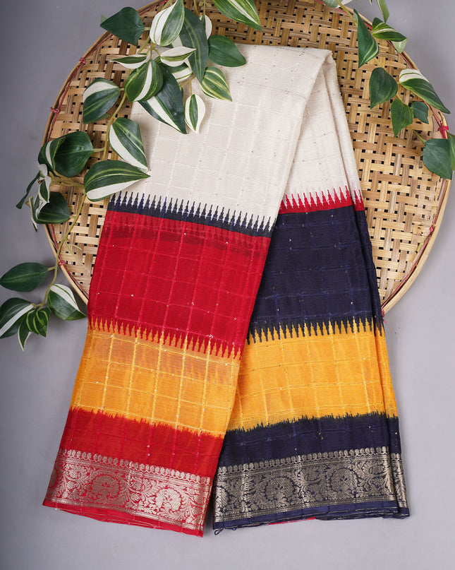 Chinon Silk Saree with Self Checks Dual Color & Zari Border - Multicolor
