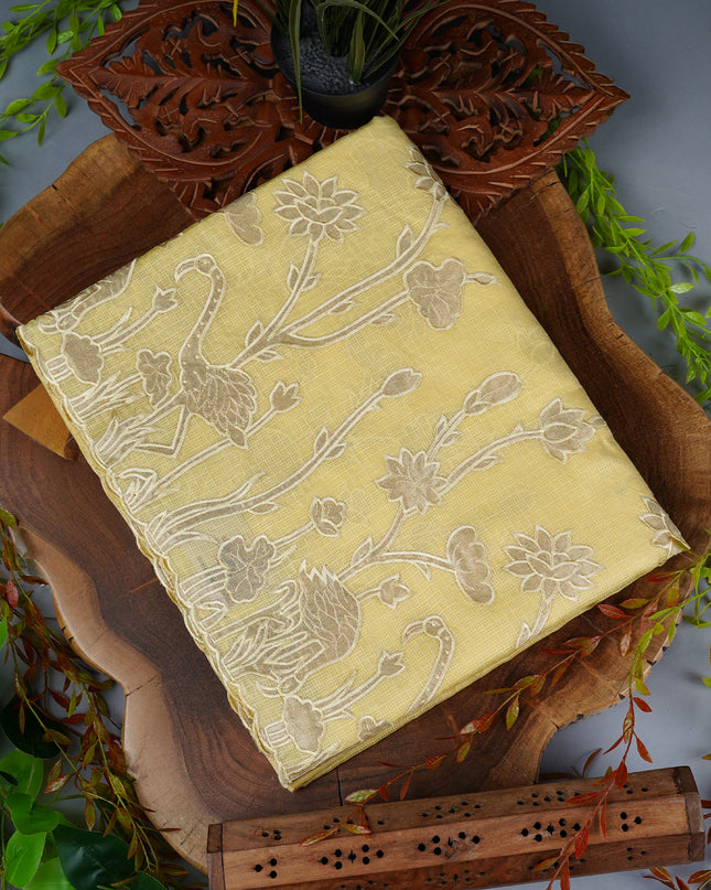 Kota Silk Saree With Applique Work and Scallop Border - Yellow