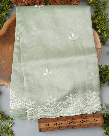 Tissue Lenin Saree and Scallop Border and Pearl Work- Sea Green