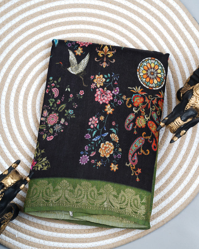Munga Silk Saree With Digital  print and contrast border - Black & B Green