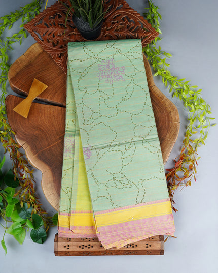 Cotton Printed Saree With Thread Waving Border - Green