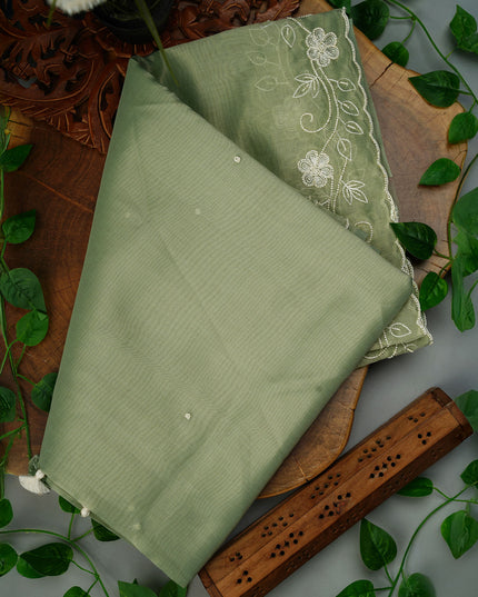 Organza Saree with Embroidery Butties and Border- Sea Green