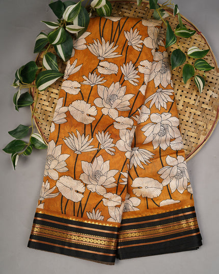 Mangalagiri Silk Digital Print Contrast Border - Mustard Yellow