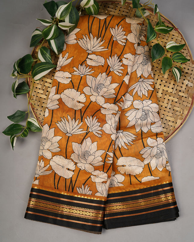 Mangalagiri Silk Digital Print Contrast Border - Mustard Yellow