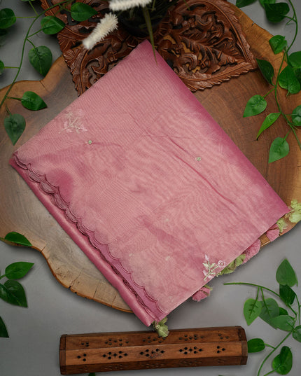 Hand Embroidery Tissue Lenin Saree with a Scalloped Border and Floral Motifs - Pink