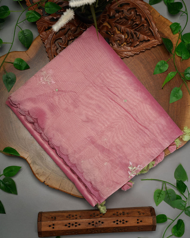 Hand Embroidery Tissue Lenin Saree with a Scalloped Border and Floral Motifs - Pink