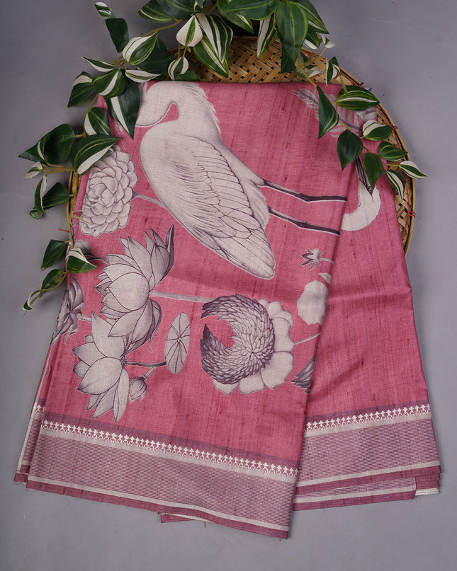Tissue Silk With Digital Print & Thread Border - Pink