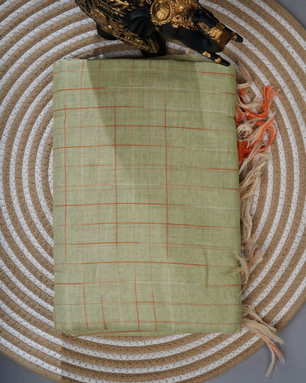 Mul cotton saree with allover check weaving and contrast border - Pista Green