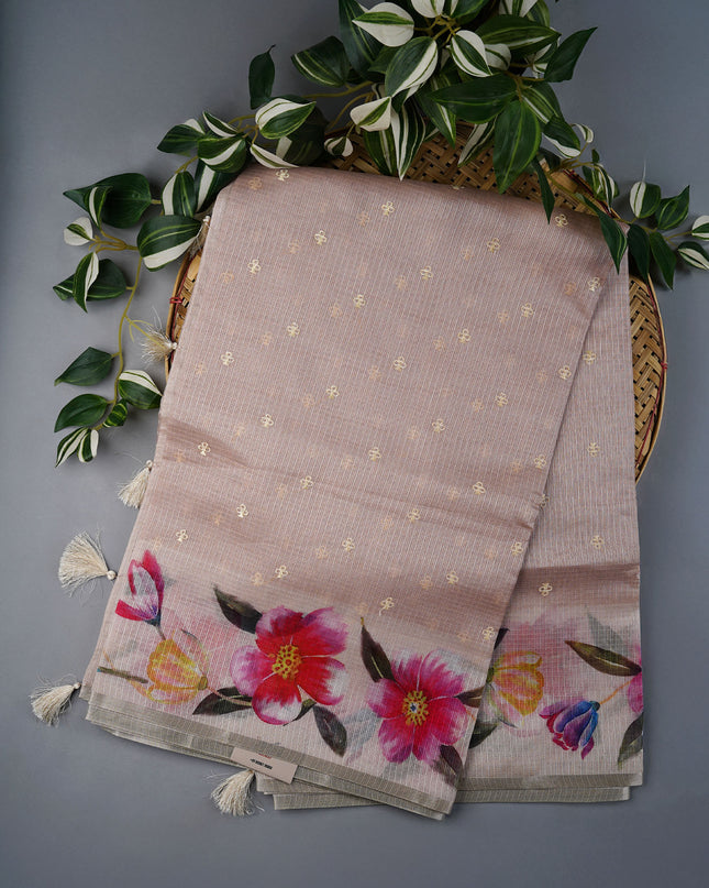 Kota Silk Saree With Thread Work Butties & Floral Border - Beige