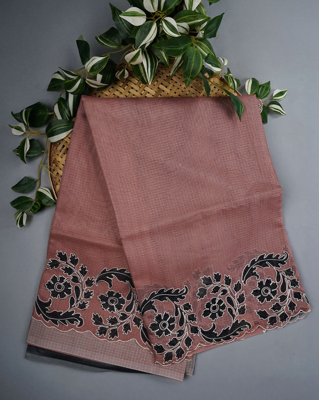 Kota Silk Saree With Floral Print & Ari Work Scallop Border - Light Brown