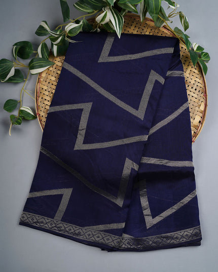 Munga Silk Saree With Gold Zari Border -  Navy Blue