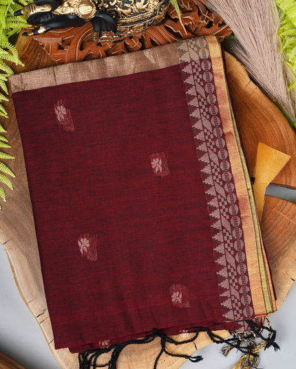 Handloom Cotton Saree with Thread Weaving Border- Maroon