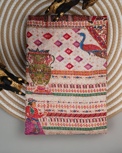 Korean Tussar Pashmina Kari Shal Featuring Intricate Mughal Style Pictorial Designs - Cream With Red