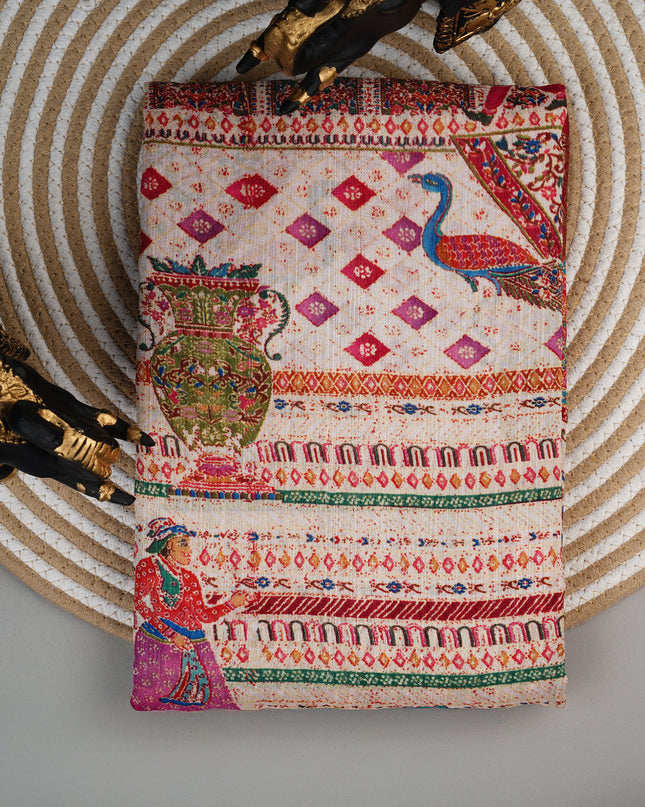 Korean Tussar Pashmina Kari Shal Featuring Intricate Mughal Style Pictorial Designs - Cream With Red