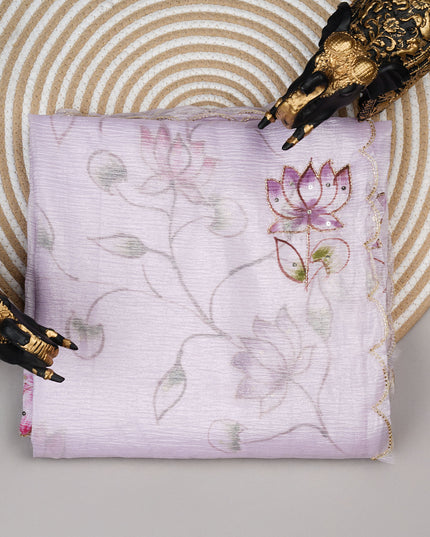 Crush tissue saree with hand painting butties and scallop border Kardana & Sequence Work - Lavender