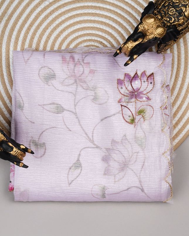 Crush tissue saree with hand painting butties and scallop border Kardana & Sequence Work - Lavender