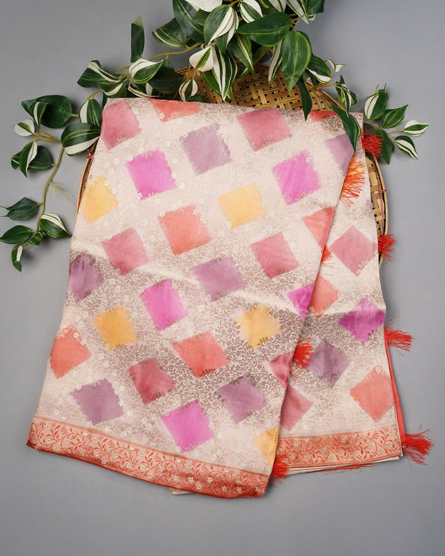 Banaras Rancut Saree With Contrast Border - Cream & Orange