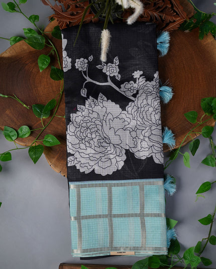 Kota Silk Saree with Floral Print and Contrast Border- Black and Blue