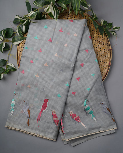 Silk Kota Saree With Thread Embroidery Butties And Border - Grey
