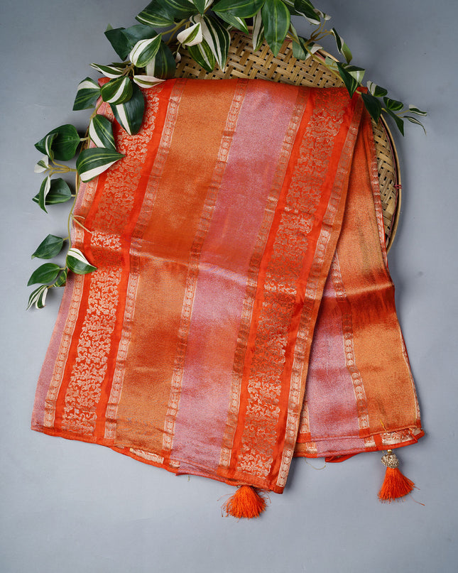Banarasi Tissue Silk Saree With Gold Zari Work - Orange