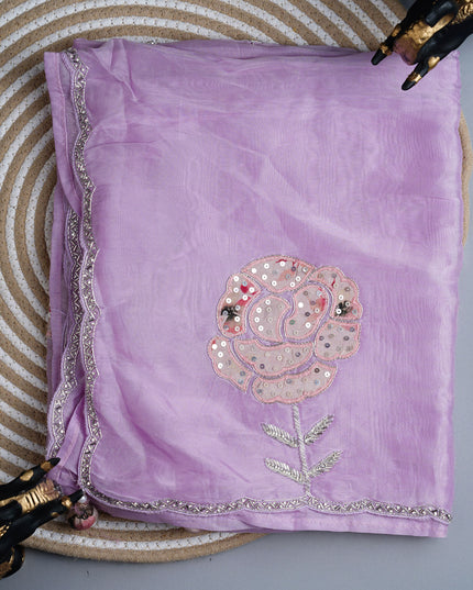 Russian silk saree with applique & Kardhana Work and scallop border - Lite Purple