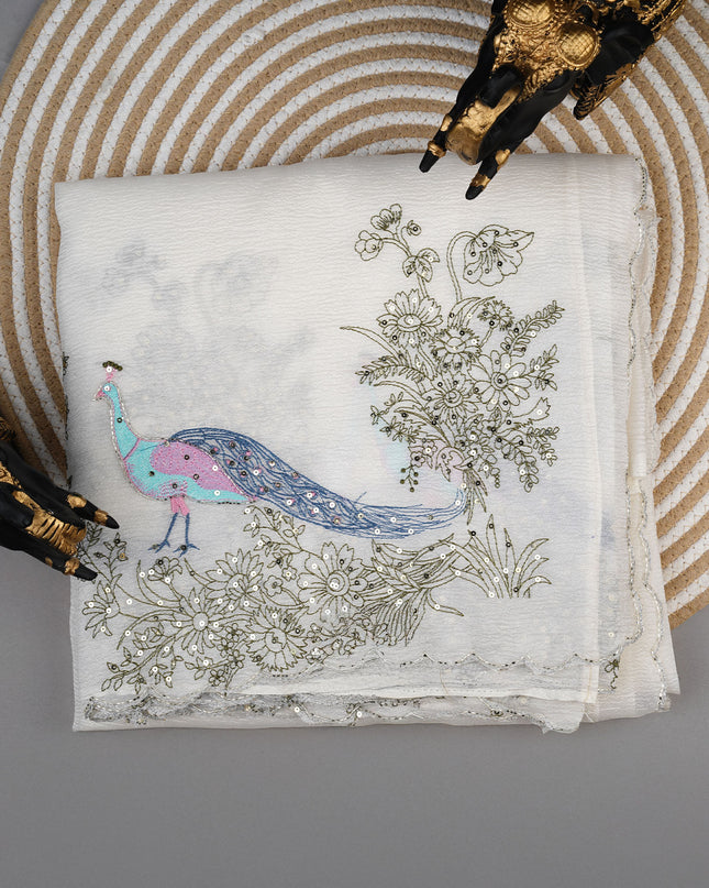 Crush tissue saree with thread work and scallop border Kardana & Sequence Work - Off White