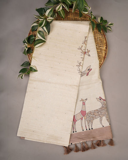 Tussar Allover Digital Print Mukesh Work - Cream & Beige