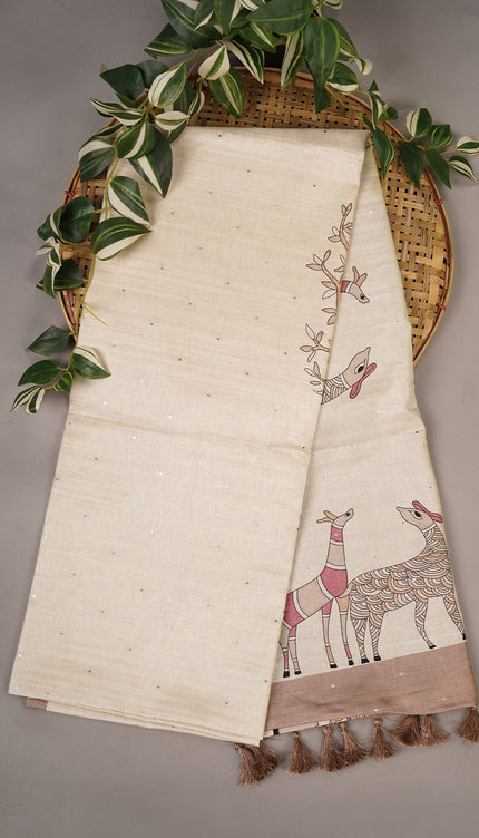 Tussar Allover Digital Print Mukesh Work - Cream & Beige