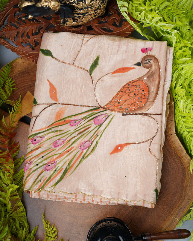 Russian Silk Saree Hand Painting Design With Kardana & Sequence Work Scallop Border With Pearl Work - Beige