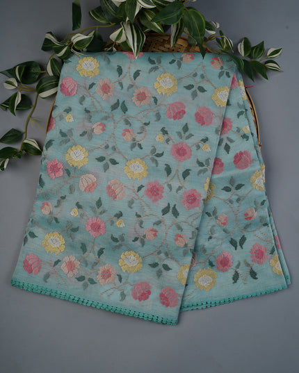 Tissue Linen Saree With Thread Embroidery with Lace Border - Light Blue