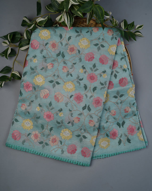 Tissue Linen Saree With Thread Embroidery with Lace Border - Light Blue