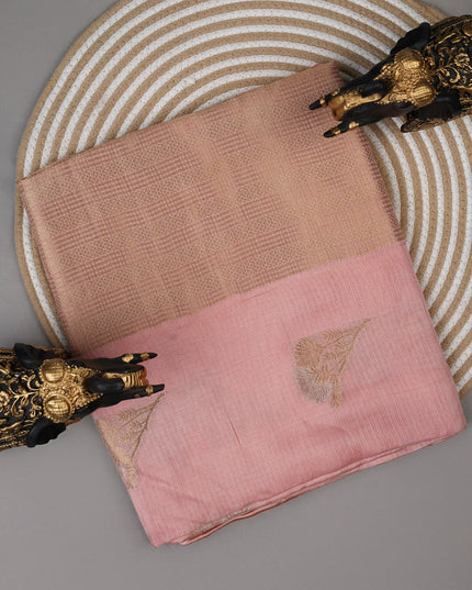 Kota Silk Saree with Gold and Silver Butties and Satin Border - Peach