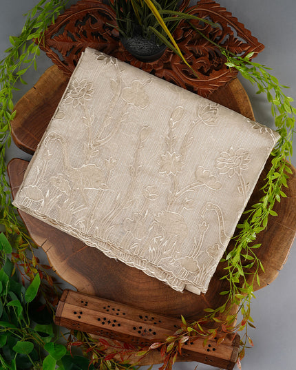 Kota Silk Saree With Applique Work and Scallop Border - Cream